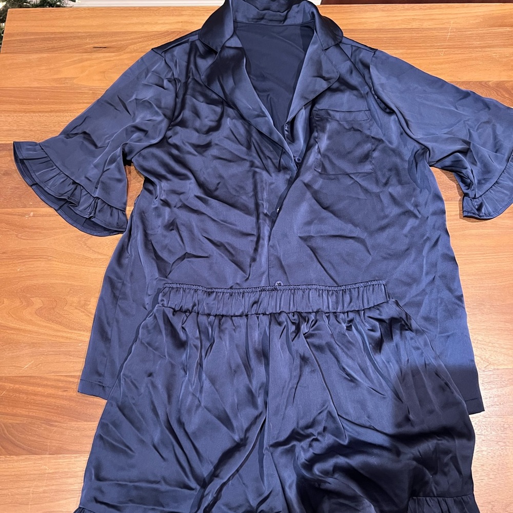 Navy Blue Satin Ruffled Sleep Set